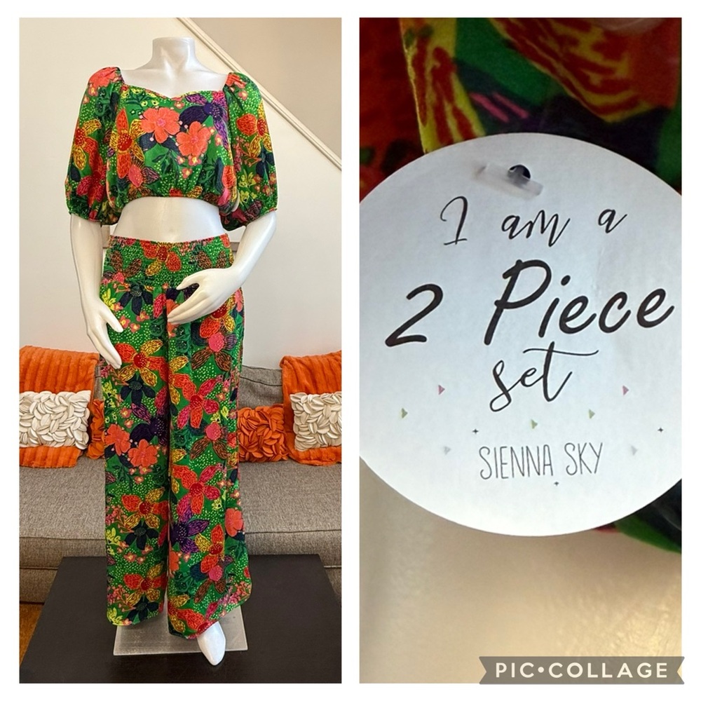 ❣️🆕Sienna Sky Green Tropical Print Cropped Top & Pants Matching Set❣️